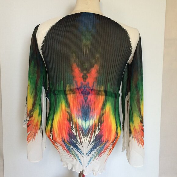 Dolcezza Womens Pleated Top Large Multicolor Pattern Drawstring Long Sleeve - Picture 3 of 8